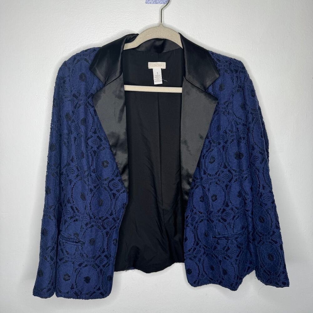 Chico’s Blue Lace Lined Open Front Jacket – Size 1